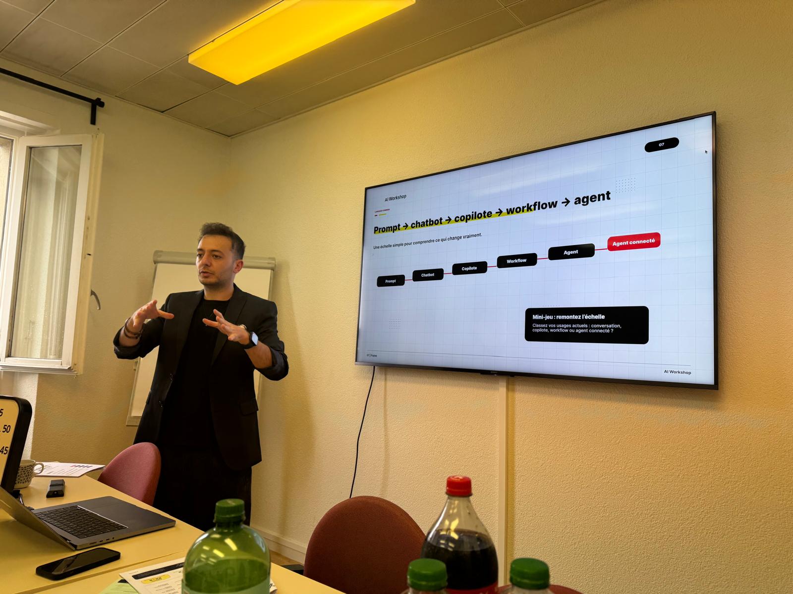 AI Workshop facilitator explaining the ladder from prompt to connected agent in Lausanne